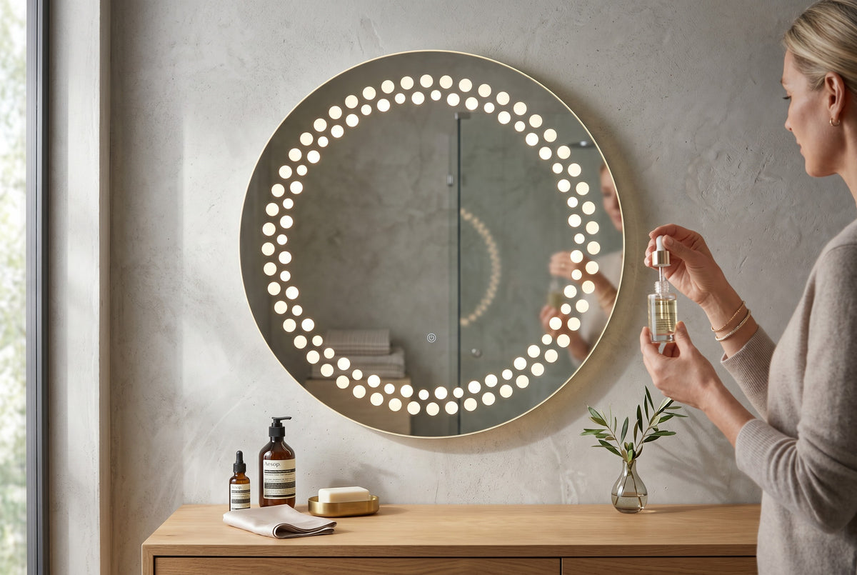 Miroir LED Mural Rond 89 cm — Motif Points Lumineux — 3 Températures Tactile — Cadre Aluminium Noir 