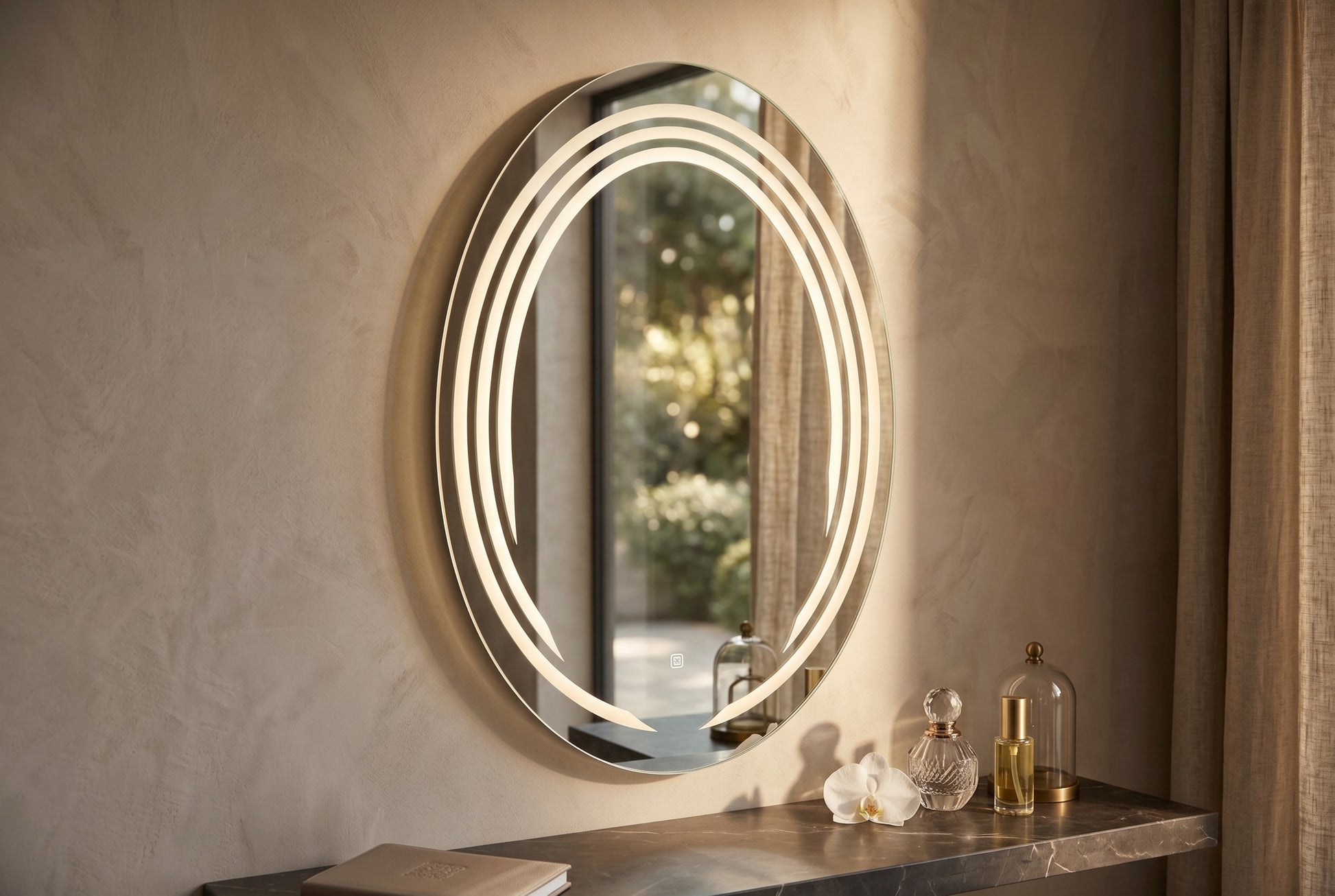 Miroir LED Mural Ovale 69×99 cm — Anneaux Lumineux Intégrés — 3 Températures Tactile — Cadre Alumini