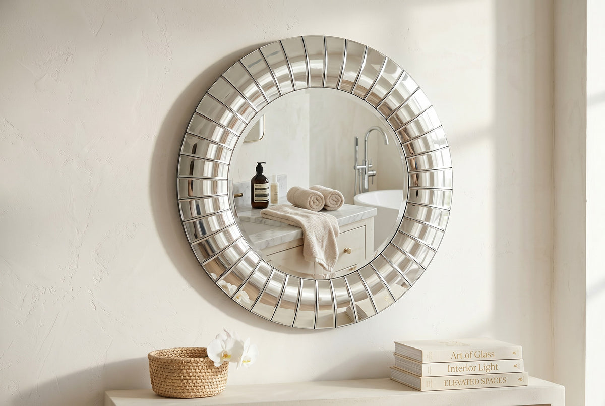 Miroir Mural Rond 89 cm — Bordure Mosaïque Miroir — Effet Glamour