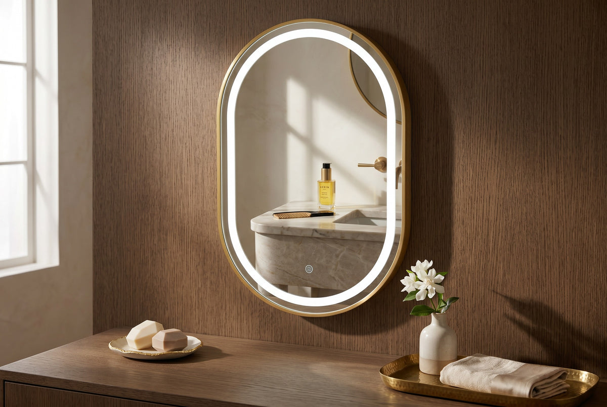 Miroir LED Mural Ovale 69×99 cm — Cadre Aluminium Bronze — 3 Températures Tactile — Design Intempore