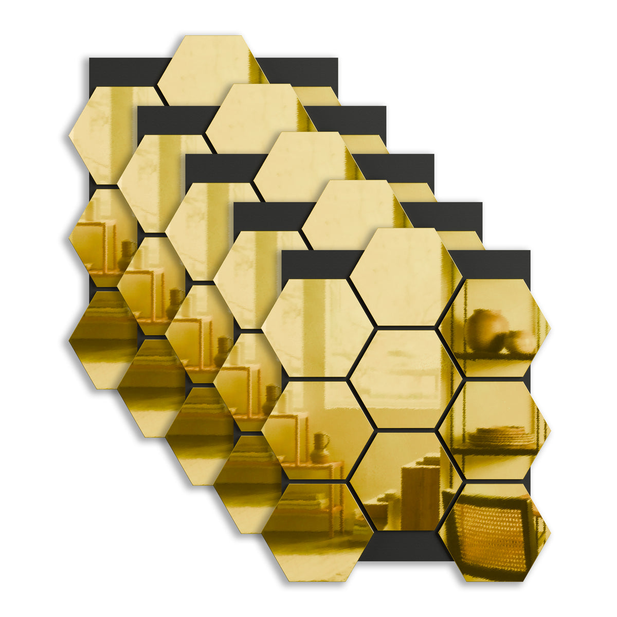 Hexagonal Acoustic Mirror Panel Gold – 75.9×62.1 cm – 18 mm – Set of 5