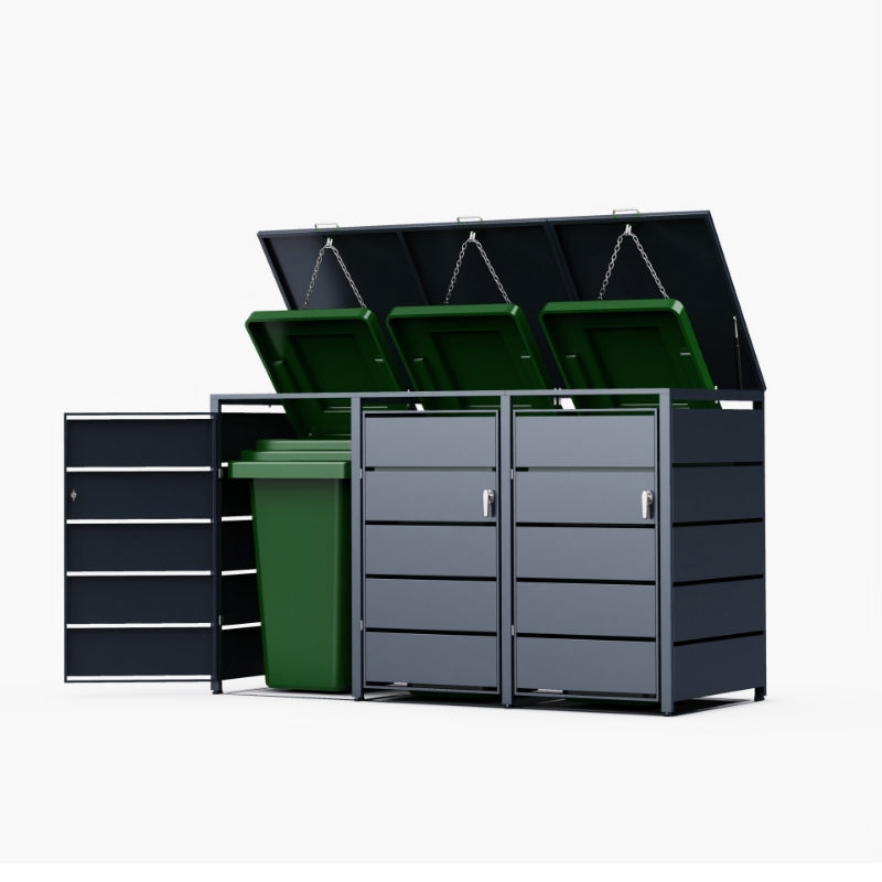 Abri Cache-Poubelle - 3 x 240L - Structure Métal - Couleur Noir