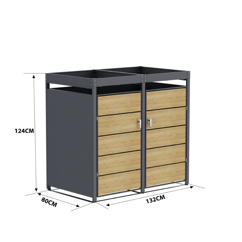 Abri Cache-Poubelle - 2 x 240L - Structure Métal - Couleur Chêne