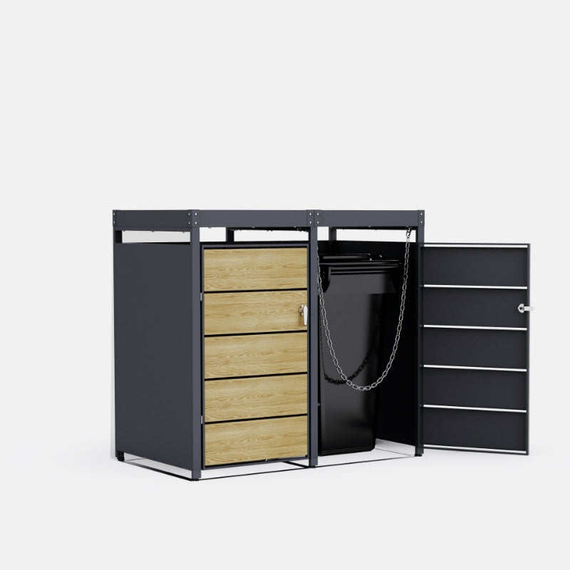 Abri Cache-Poubelle - 2 x 240L - Structure Métal - Couleur Chêne
