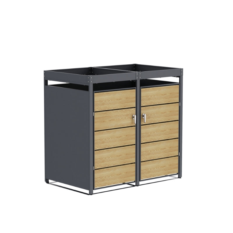 Abri Cache-Poubelle - 2 x 240L - Structure Métal - Couleur Chêne