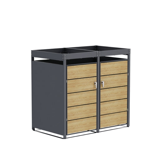 Abri Cache-Poubelle - 2 x 240L - Structure Métal - Couleur Chêne