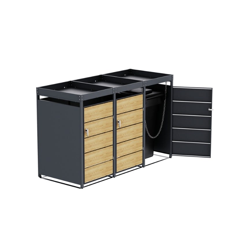 Abri Cache-Poubelle - 3 x 240L - Structure Métal - Couleur Chêne