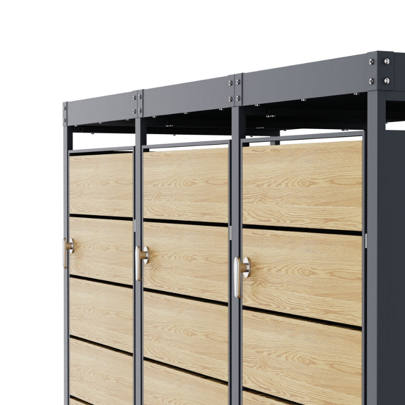 Abri Cache-Poubelle - 3 x 240L - Structure Métal - Couleur Chêne