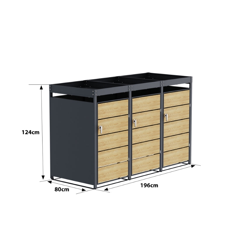 Abri Cache-Poubelle - 3 x 240L - Structure Métal - Couleur Chêne