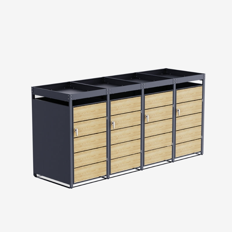 Abri Cache-Poubelle - 4 x 240L - Structure Métal - Couleur Chêne