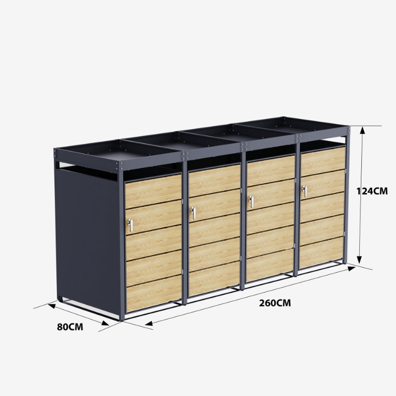 Abri Cache-Poubelle - 4 x 240L - Structure Métal - Couleur Chêne