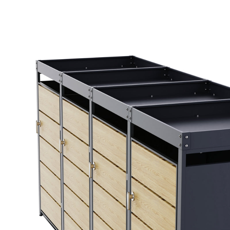 Abri Cache-Poubelle - 4 x 240L - Structure Métal - Couleur Chêne