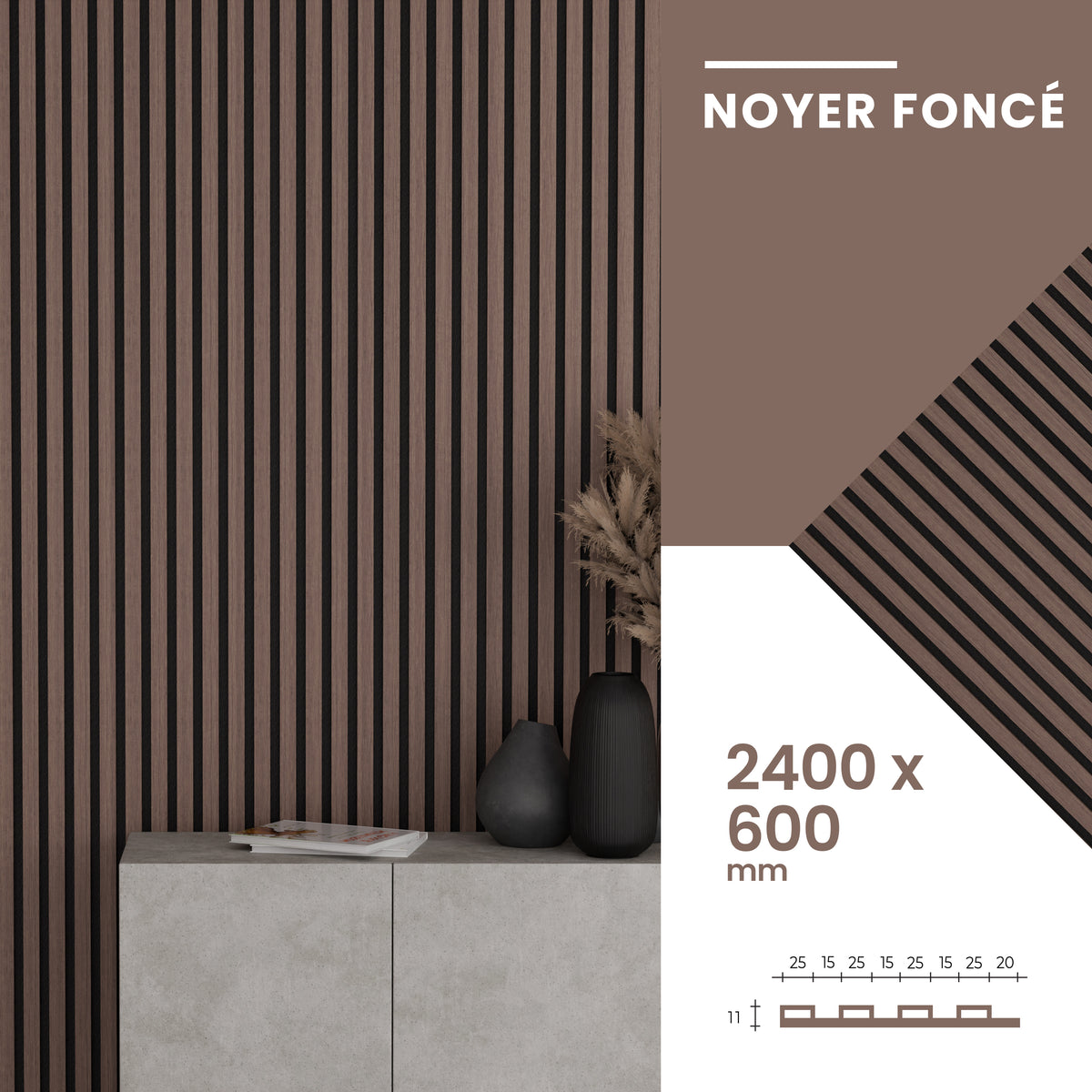 Panneaux Acoustiques Noyer Foncé – 240x60 – 11 mm – Lot de 4