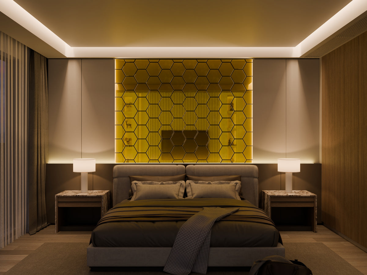 Hexagonal Acoustic Mirror Panel Gold – 75.9×62.1 cm – 18 mm – Set of 5