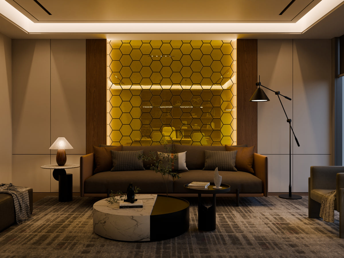 Hexagonal Acoustic Mirror Panel Gold – 75.9×62.1 cm – 18 mm – Set of 5