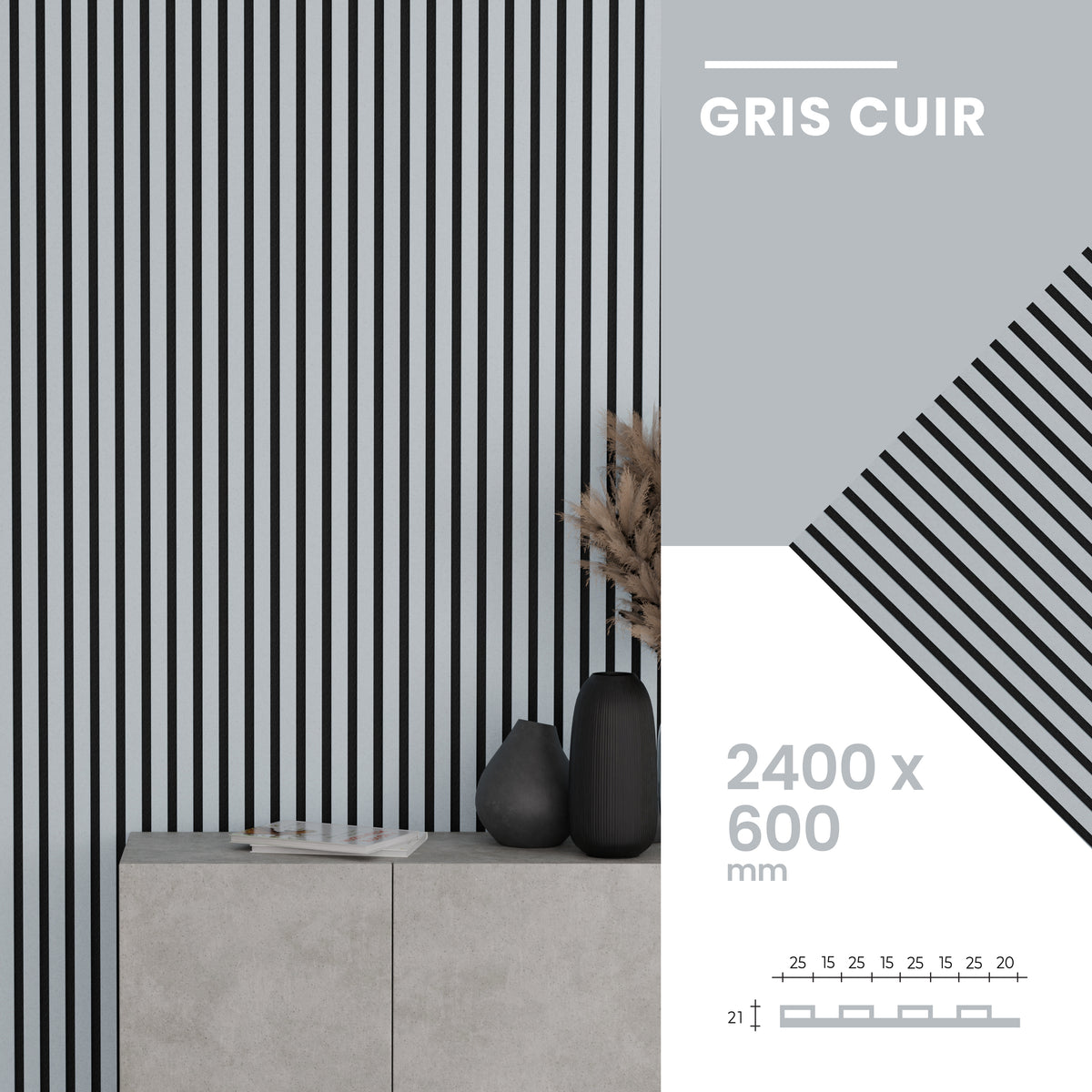 Panneaux Acoustiques Gris Cuir– 240x60 – 21 mm - Lot de 2