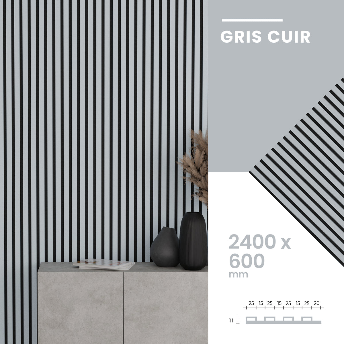 Panneaux Acoustiques Gris Cuir – 240x60 – 11 mm – Lot de 4