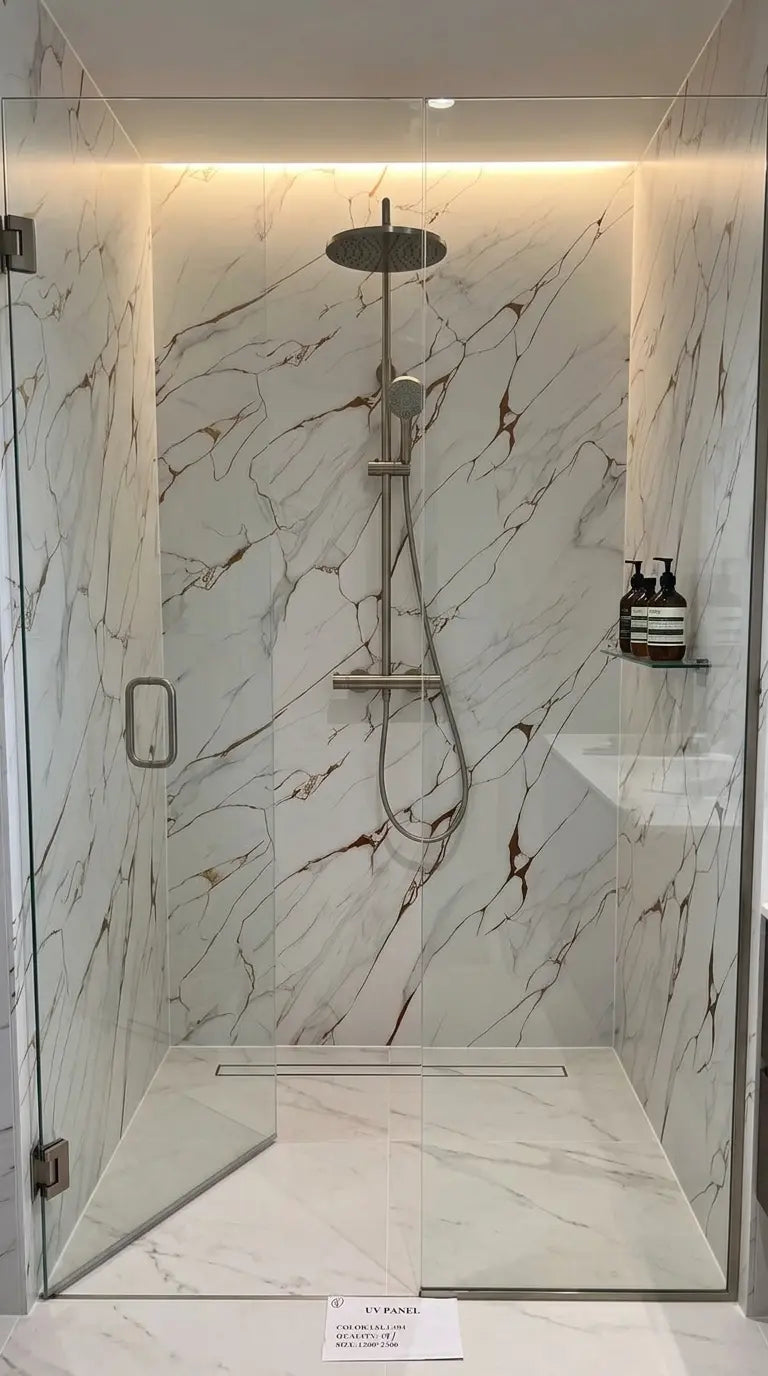 Panneau PVC - Effet Marbre Blanc Gris - 250 x 120 cm – 100% Imperméable - 15 ans Garantie en situation
