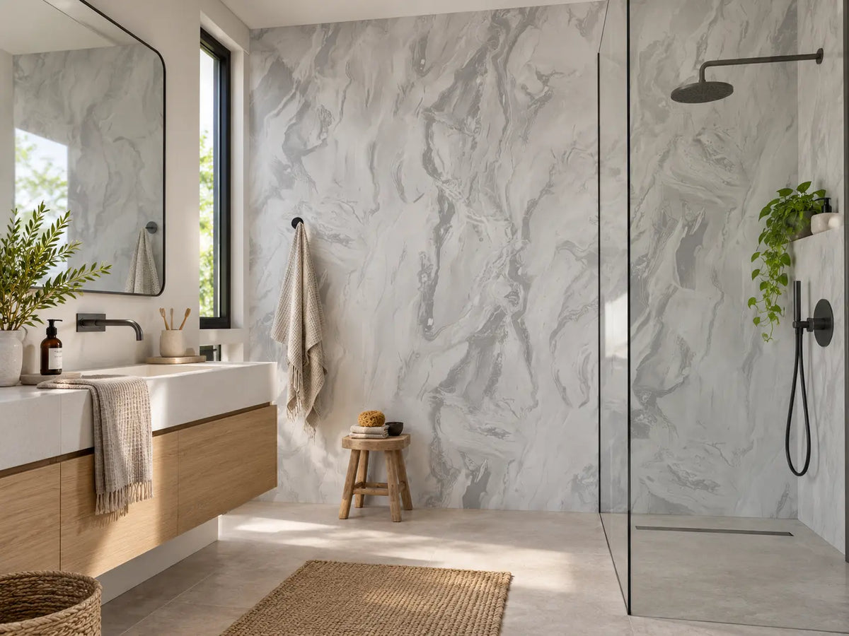 Panneau PVC effet Pierre Gris en situation dans une autre salle de bain