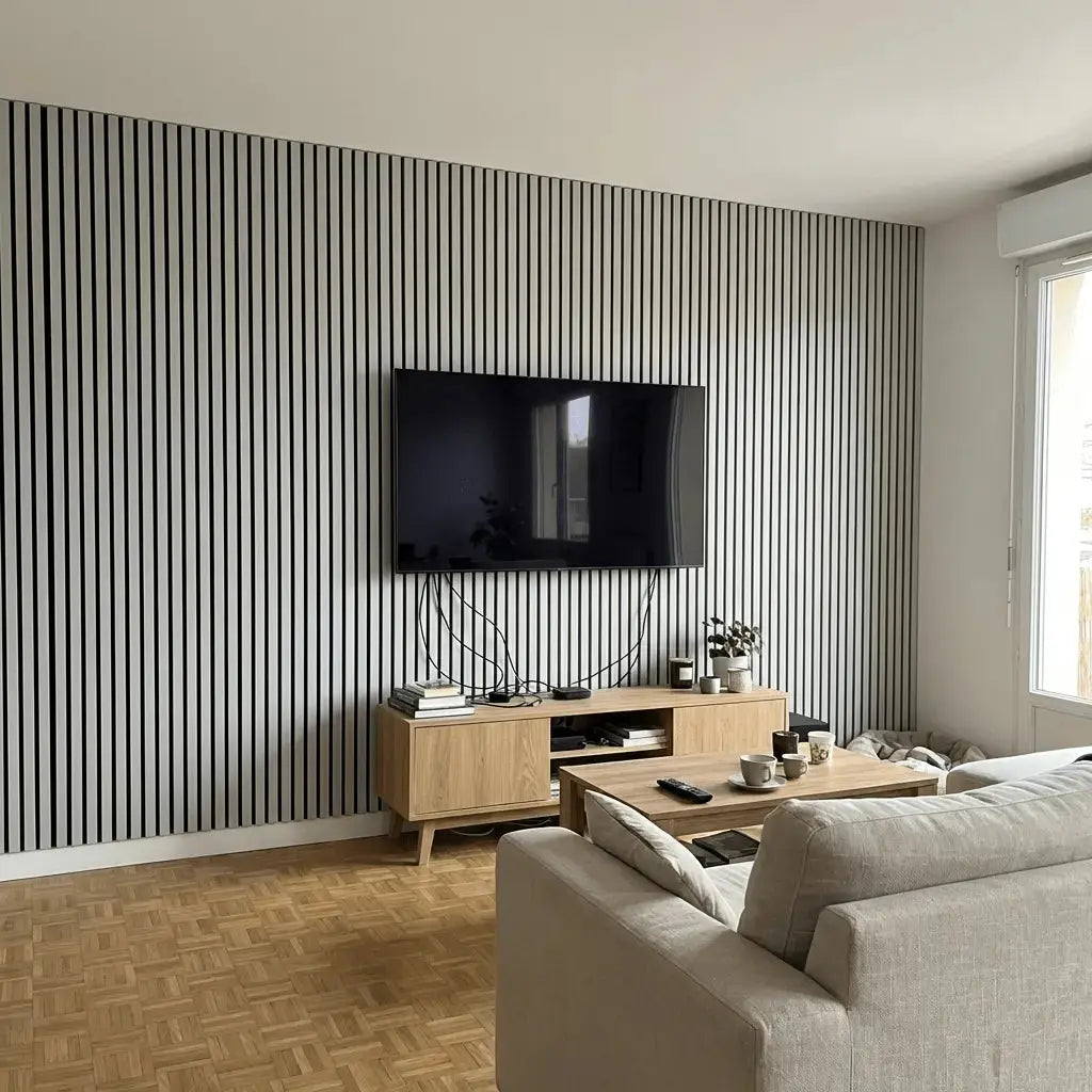 Panneaux Acoustiques Gris Cuir – 240x60 – 11 mm – Lot de 4 en situation