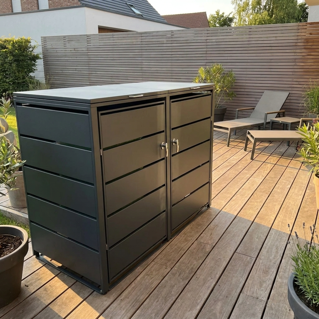 Abri Cache-Poubelle - 2 x 240L - Structure Métal - Couleur Noir