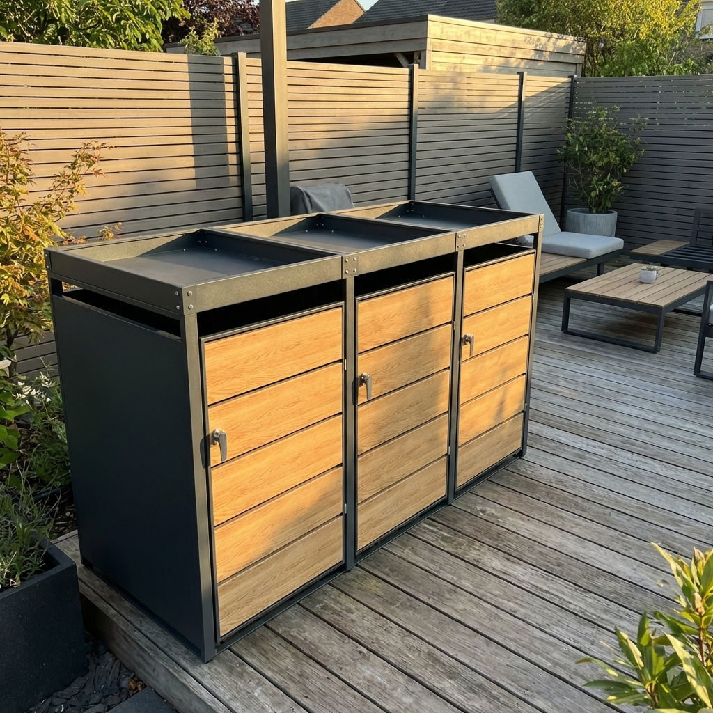 Abri Cache-Poubelle - 3 x 240L - Structure Métal - Couleur Chêne