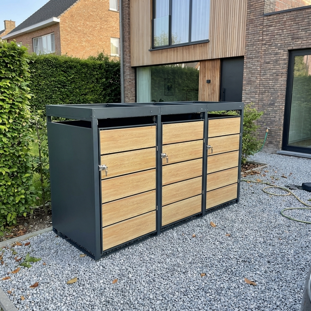 Abri Cache-Poubelle - 3 x 240L - Structure Métal - Couleur Chêne