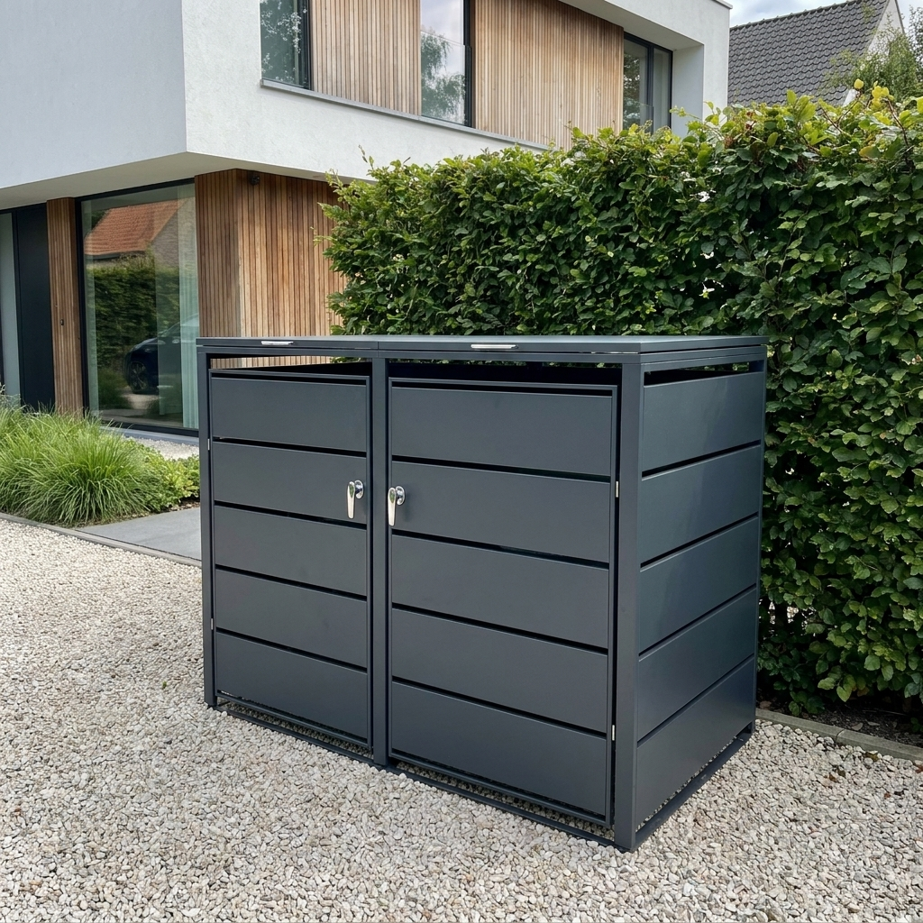 Abri Cache-Poubelle - 2 x 240L - Structure Métal - Couleur Noir