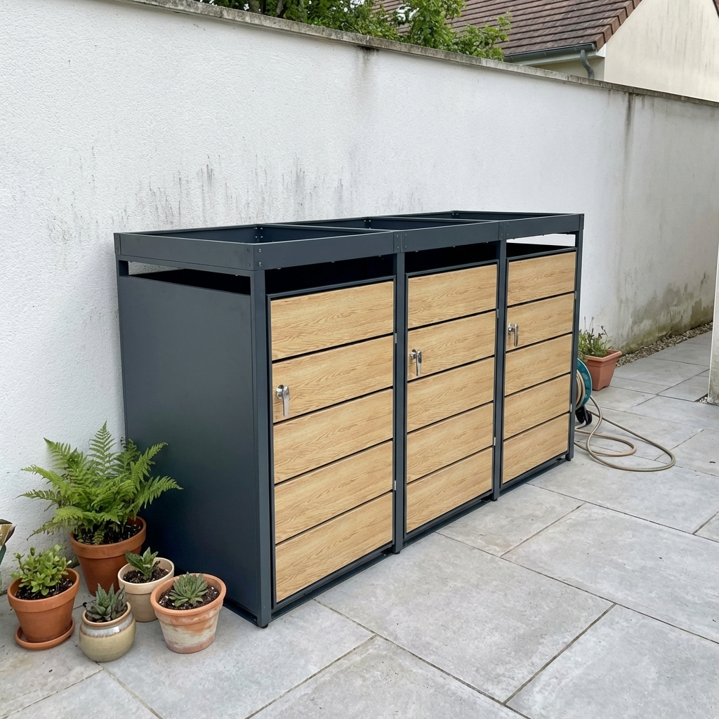 Abri Cache-Poubelle - 3 x 240L - Structure Métal - Couleur Chêne