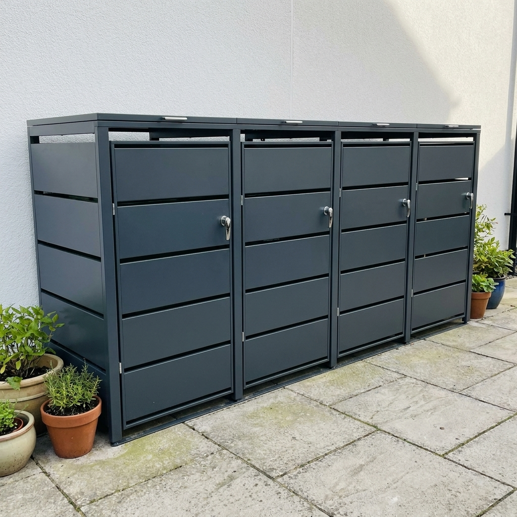 Abri Cache-Poubelle - 4 x 240L - Structure Métal - Couleur Noir