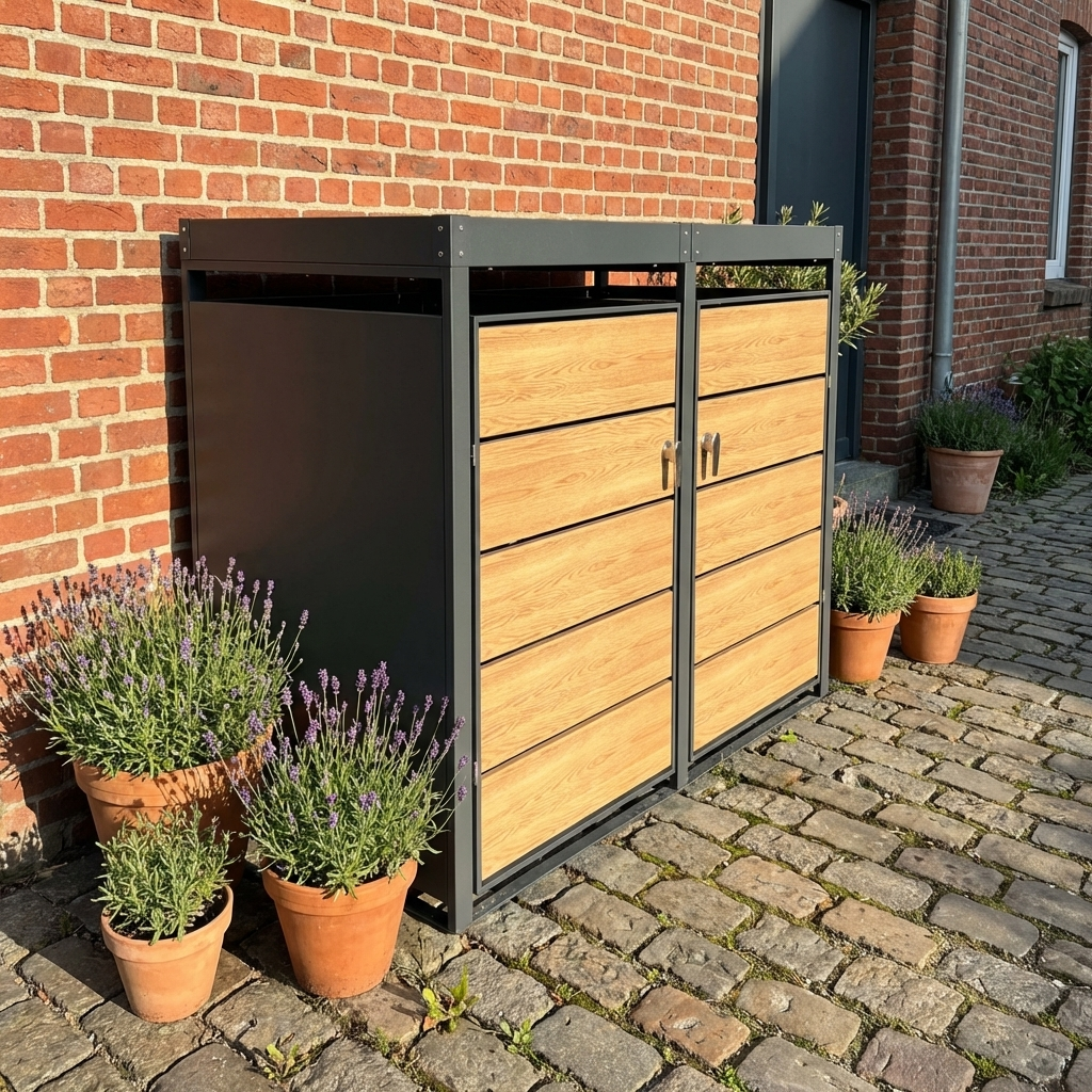 Abri Cache-Poubelle - 2 x 240L - Structure Métal - Couleur Chêne