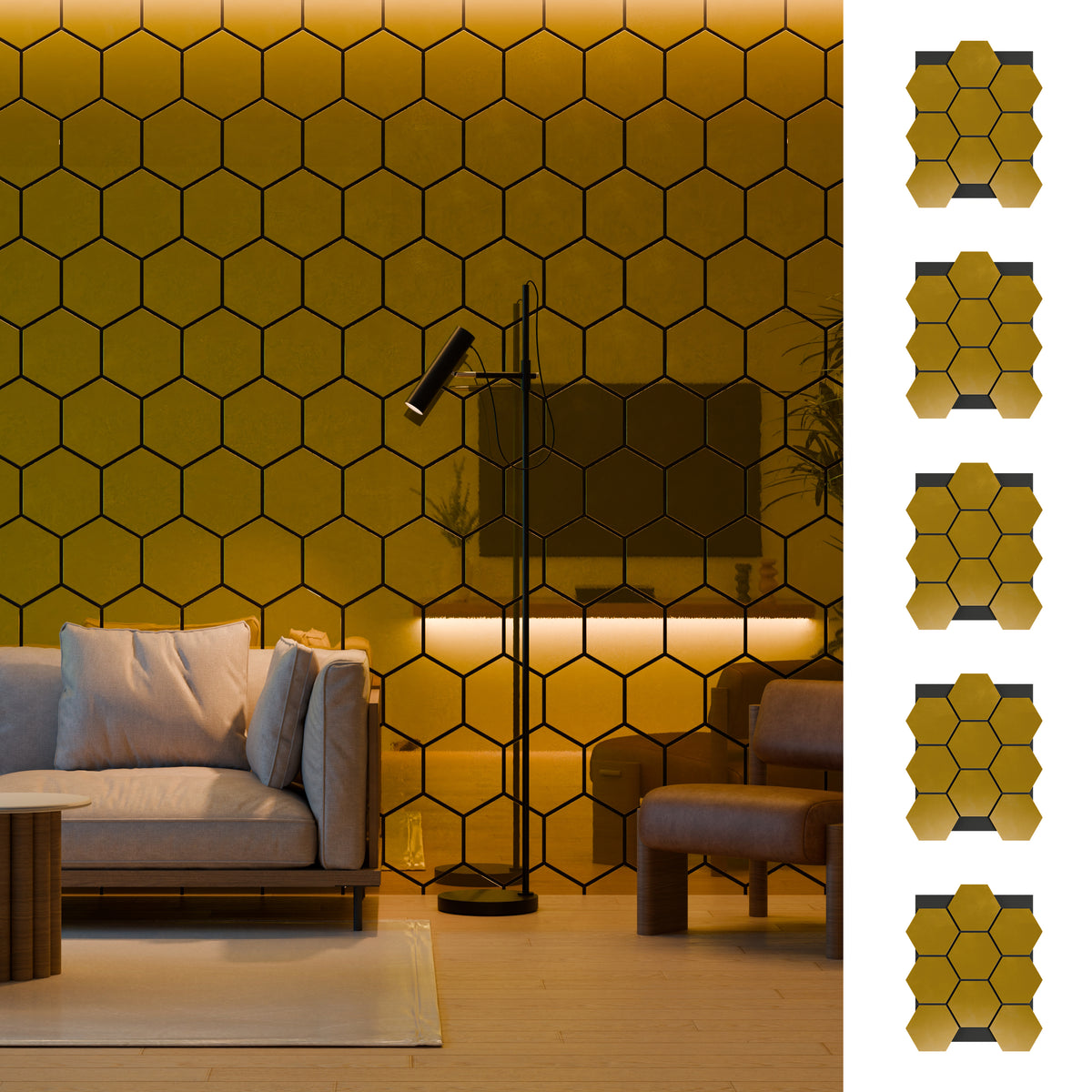 Hexagonal Acoustic Mirror Panel Gold – 75.9×62.1 cm – 18 mm – Set of 5