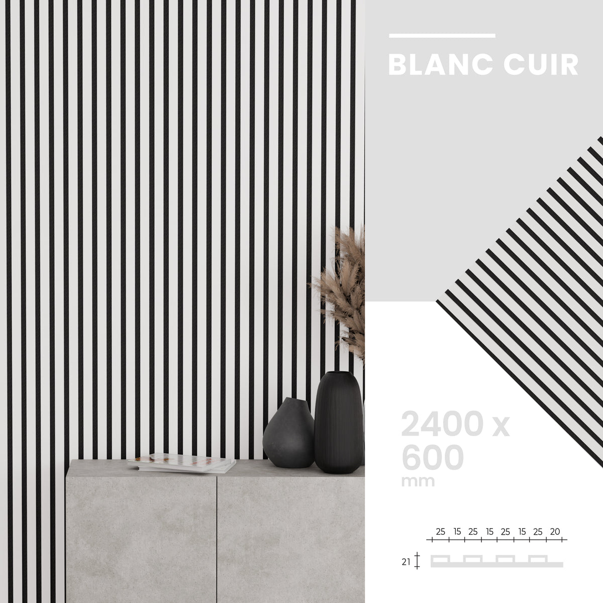 Panneaux Acoustiques Blanc Cuir - 240x60 - 21mm - Lot de 2